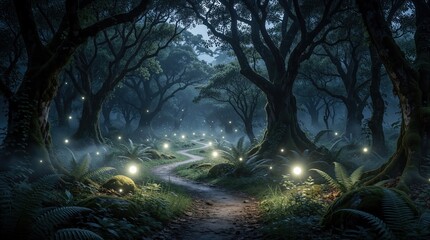 Fototapeta premium Mysterious forest path winds through ancient trees lit by glowing orbs. Foggy woods create a magical, dreamlike atmosphere for a solitary journey.