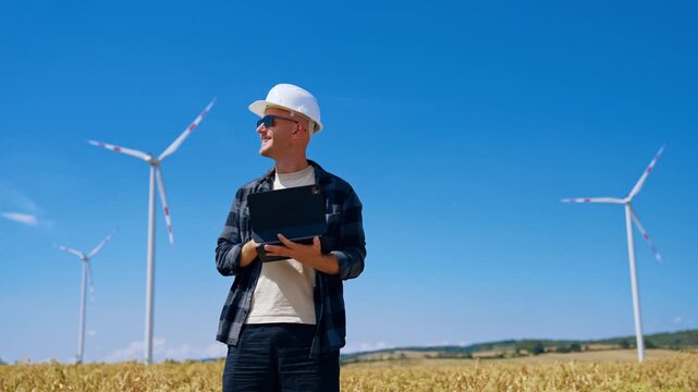 Smiling man wearing sunglasses and construction helmet. Engineer with laptop in hands against the sky with wind turbines.