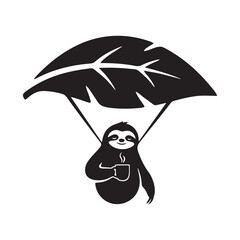 Naklejka premium Cute sloth hanging from a giant leaf holding a hot cup of coffee as a parachute design Vector