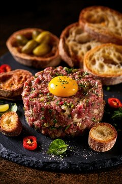 Premium commercial food photography of gourmet beef steak tartare with a raw egg yolk fresh cherry tomatoes and toasted bread slices