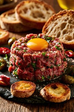 Premium commercial food photography of gourmet beef steak tartare with a raw egg yolk fresh cherry tomatoes and toasted bread slices