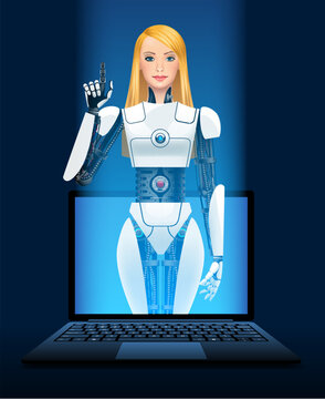 Front view of a laptop with a blue screen and beautiful blonde biorobot girl standing in front and pointing with his finger up on dark blue background.  Vector illustration in 3d style