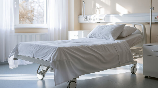 An empty hospital bed with white sheets stands in a bright room illuminated by natural light. This medical facility scene is ideal for healthcare and patient care concepts.