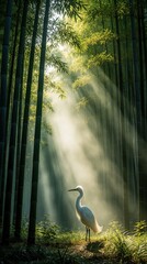 Fototapeta premium White egret bird stands in bamboo forest with sun rays filtering through leaves. Mist and light create magical atmosphere. Peaceful scene in rich green nature. Majestic crane waits serenely.