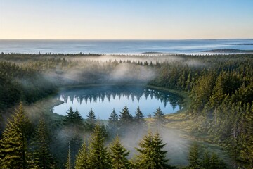 Fototapeta premium Circular forest lake shrouded in morning mist from above