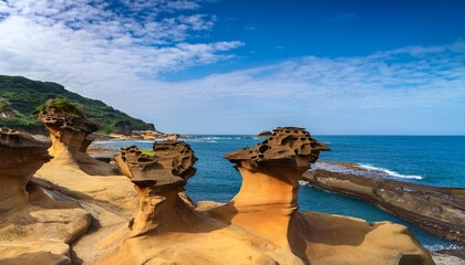 Fototapeta premium scenic view of hoodoo stones rock formation in yehliu geopark in new taipei taiwan