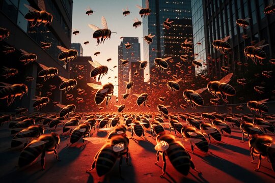 Giant swarm of bees fly towards modern city skyscrapers under dramatic sunset light. Thousands of insects overwhelm urban streets, tall buildings. Apocalyptic scene showing nature threat to human