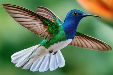 Naklejka premium Blue and green hummingbird in flight with white tail feathers against soft green background