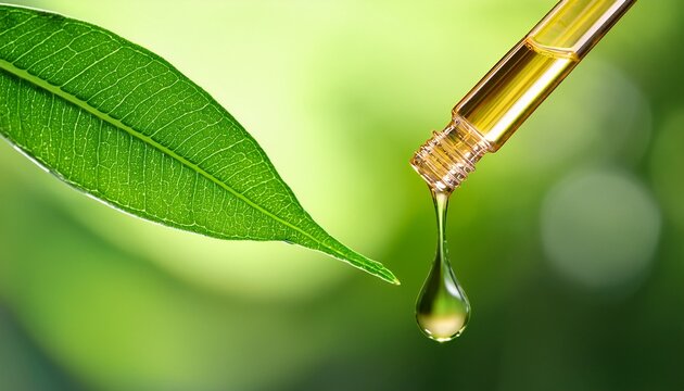 macro shot of fresh green leaf releasing essential oil drop dripping from bottle in nature