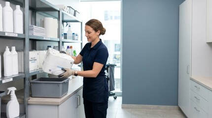Fototapeta premium Office cleaner organizing supplies in a bright modern utility closet, handling toilet paper for facility maintenance