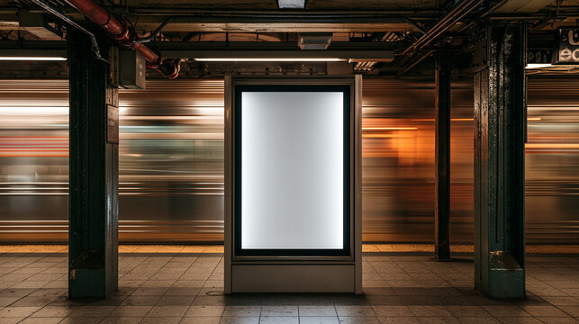 Blank vertical advertising billboard mockup in a dark subway station with a passing train blurred in the background. Great for urban marketing design presentations.