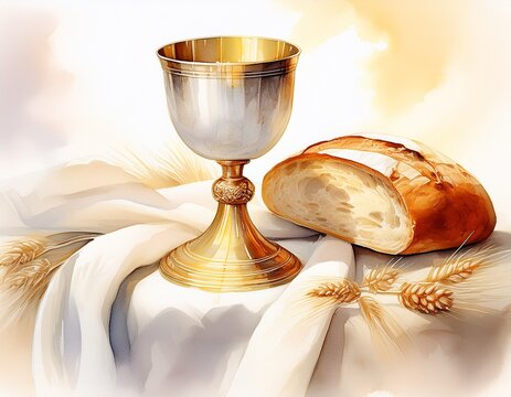 a delicate watercolor of a communion cup and bread on a white altar cloth bathed in soft ethereal lighting symbolizing faith purity and spiritual devotion in a serene composition
