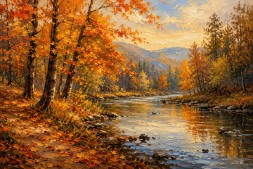 Fototapeta premium Autumn Forest River Oil Painting with Golden Foliage and Mountain Landscape