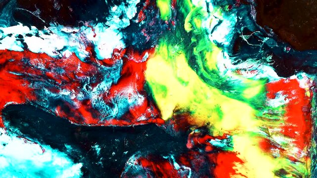A movement of paints that create abstract shapes depicting the universe, made with a mixture of neon green tones.