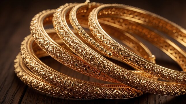 Group of shiny gold bangles with complex patterns stacked on dark wood. Traditional bracelets represent wealth, cultural heritage, luxurious craftsmanship. Ideal for fashion, celebrations, jewelry