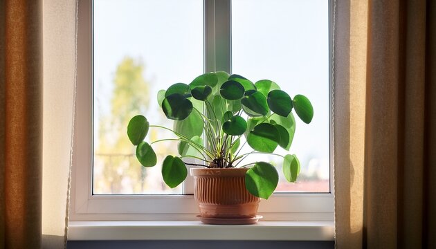 potted chinese money plant pilea on window sill in cozy room interior