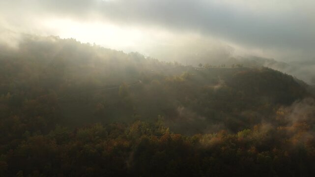 Aerial view of mountain forests shrouded in morning mist with dramatic sunbeams breaking through the clouds	