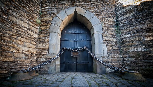 ancient stone door secured by heavy chain
