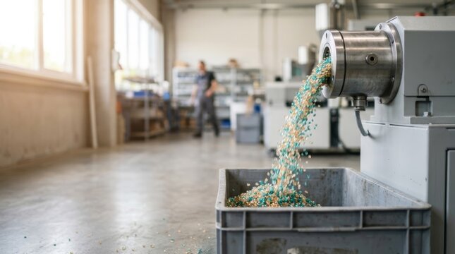 Recycled plastic granules stream from extruder into bin in bright modern workshop, sustainability production