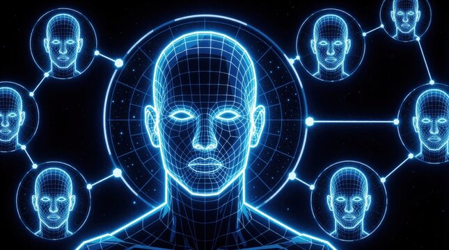 Abstract wireframe human heads form glowing blue digital network. People connect on futuristic web, data links between avatars illustrate community.