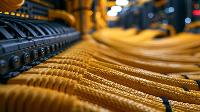 Yellow network cables plugged into a server rack in a modern data center. Ideal for telecommunications and IT infrastructure concepts.