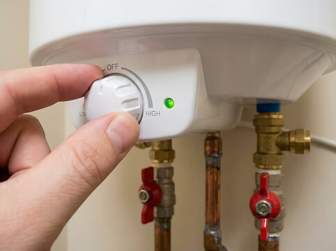 Closeup of a hand adjusting a water heater temperature control dial