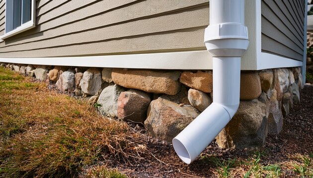 white plastic downspout gutter pipe near stone house wall foundation