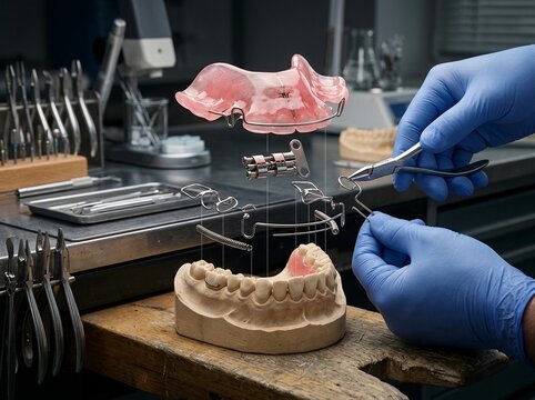 Dental Technician Assembling Complex Orthodontic Appliance in Laboratory
