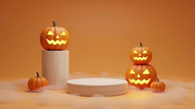 A seamless pattern halloween jackolanterns with wooden pedestals