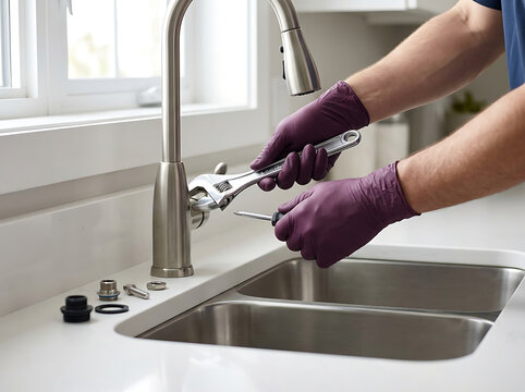 Closeup of a person repairing a kitchen faucet with tools