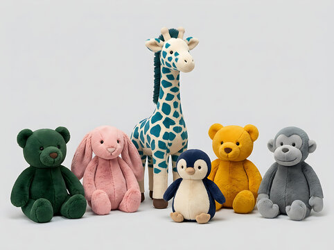 Colorful collection of plush stuffed animals arranged in a group