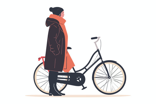 Woman staying with bycicle isolated