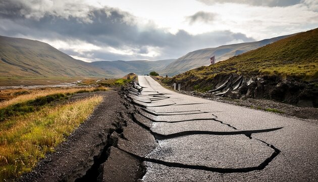 severely damaged road through highland landscape
