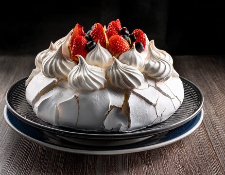 large cracked white pavlova meringue cake dessert on plate