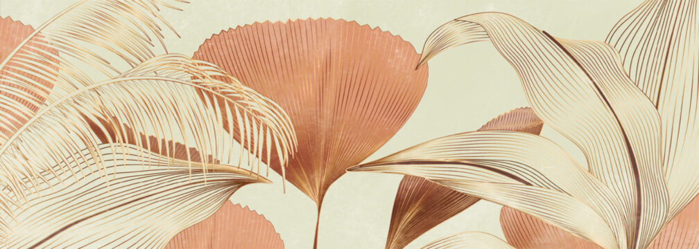Luxury art backdrop featuring tropical plants in brown and gold, blooming with line art elements. Botanical banner for decor, prints, textiles, posters, packaging, and wallpaper.