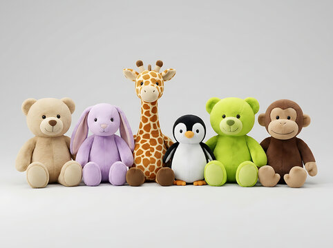 Cute collection of plush animal toys on a neutral background