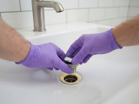 Hands wearing purple gloves cleaning drain in kitchen sink with silver tool