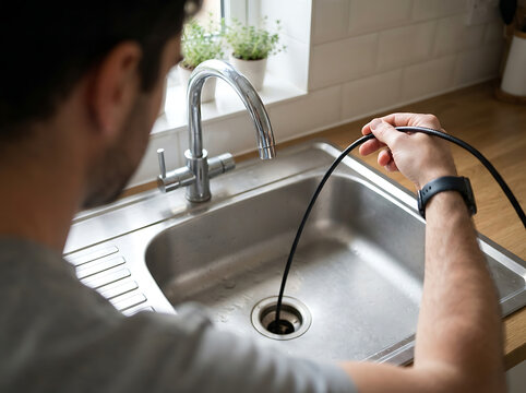 Man using a drain snake to unclog a kitchen sink plumbing system