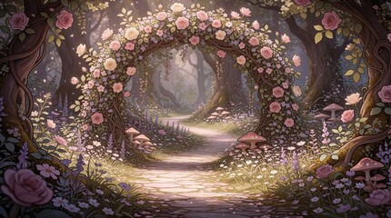 Fototapeta premium Winding stone path leads through enchanted forest archway covered with roses and vines. Magical woodland flora, whimsical mushrooms, and soft sunlight create a dreamy atmosphere.