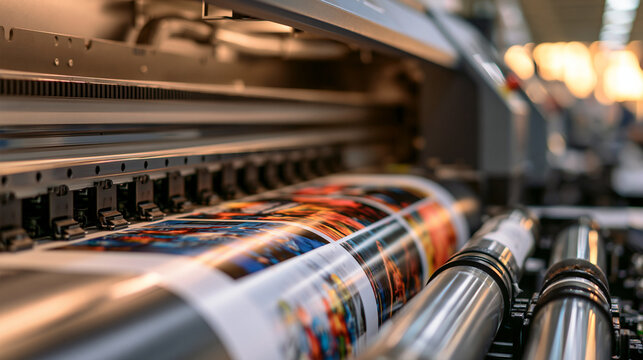 Industrial large format printer operating in a modern manufacturing facility. Professional printing technology for commercial marketing materials and signage.