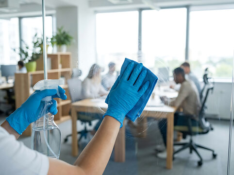 Office cleaning and disinfection process in modern workspace