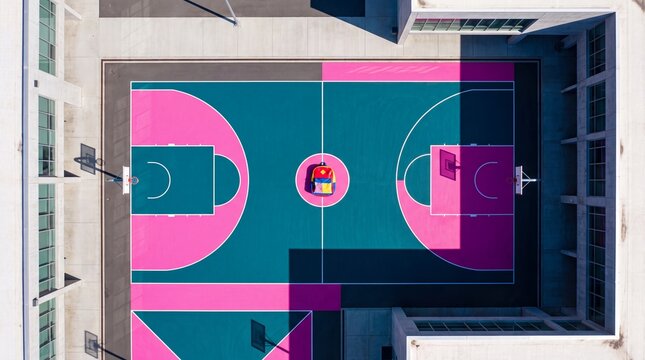Aerial top-down view of a vibrant pink and teal basketball court with a colorful backpack in the center circle, framed by modern concrete buildings under bright sunlight.