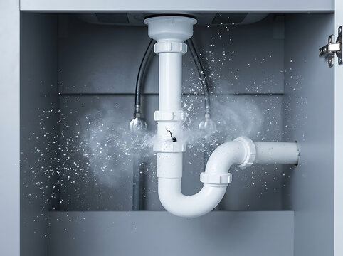 Pipe burst causing water splash under sink with leaking plumbing system