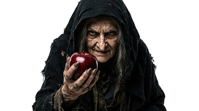 A sinister and wicked old witch offering a tempting bright red apple isolated on transparent background