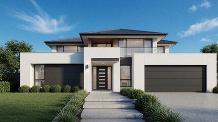Fototapeta premium Modern two story house features clean lines neutral colors, large windows. Contemporary residential design includes paved driveway, manicured lawn. Home has two garage doors, welcoming entryway.