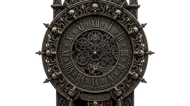 An intricately designed antique clock with skull details perfect for halloween decor isolated on transparent background