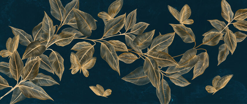 Luxury art background with leaves on a branch and butterflies in a gold line art style. Botanical banner for decor, wallpaper, prints, posters, textiles, and interior design.