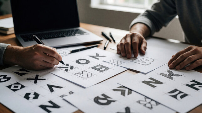 Graphic designer hand draws logo concepts on paper at desk. Laptop and sketches show creative branding project development. Artist plans visual identity for startup business.