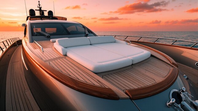Luxury motor yacht deck with polished teak wood and white cushions sails on calm sea at sunset. Elegant curved lines of custom boat show nautical design in warm orange sky.
