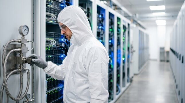 Engineer in protective suit adjusts valve on liquid cooling system in modern data center with glowing servers